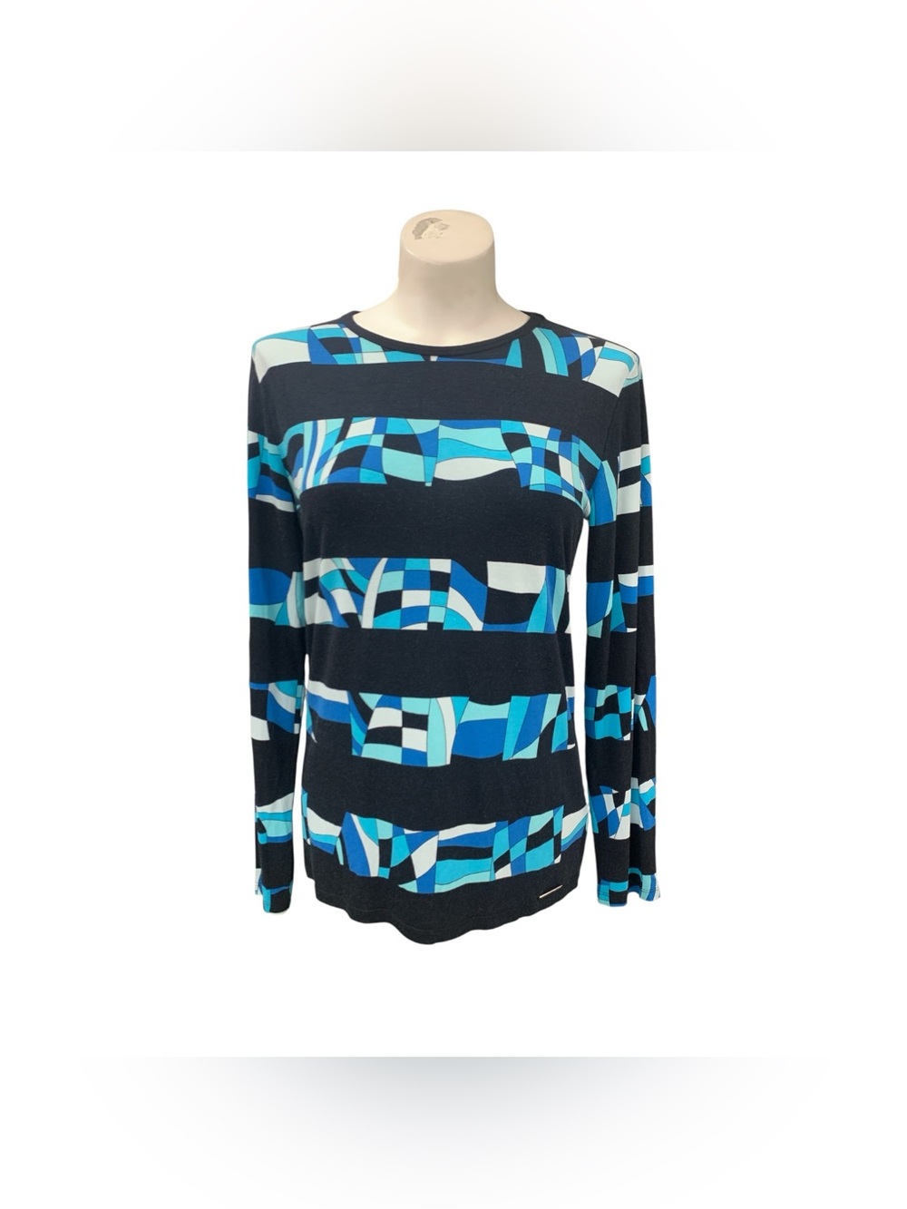 Michael Kors Navy & Aqua Geometric Stripe Long-Sleeve Top Size M